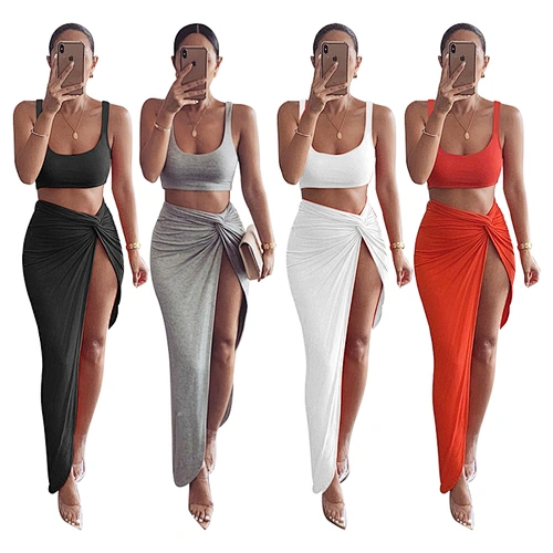 Women Wholesale Short Crop Top Side Split Skirts Sexy Party Club Wear Matching Sets Two Piece Outfits