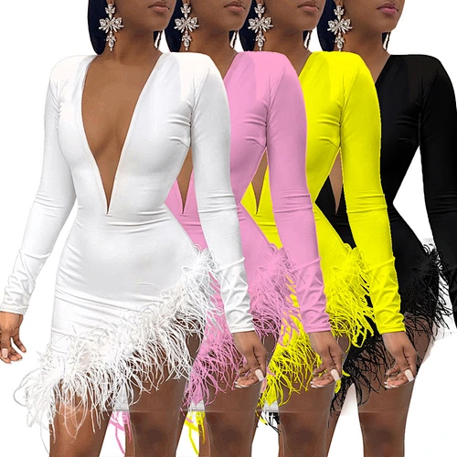 Ladies Feather Women Clothing Skinny Sexy Long Sleeve Prom Party Wear Nightclub Women Dress Clothing Vestido