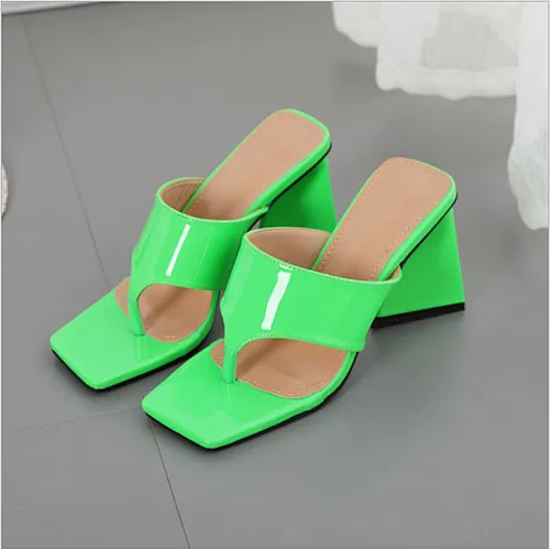 2021 Summer New Fashion Slippers Chunky Triangle Heel Square Open Toe Large Size Women High Heel Green