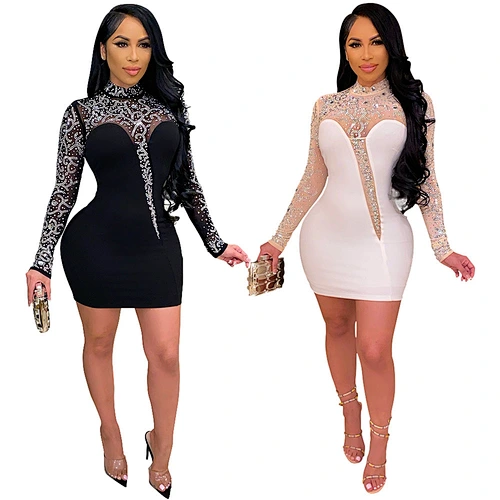 Ziling Rhinestone Mini Dress Women Fashion Plus Size Mesh Long Sleeve Mini Bodycon Dress Nightclub Party Dress