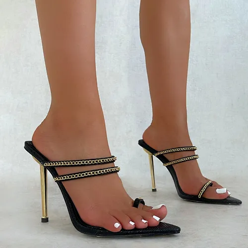 112678 iHeeled shoes new arrival women slippers outdoor wear metal heel high-heeled clip toe chain decoration lady slide sandals