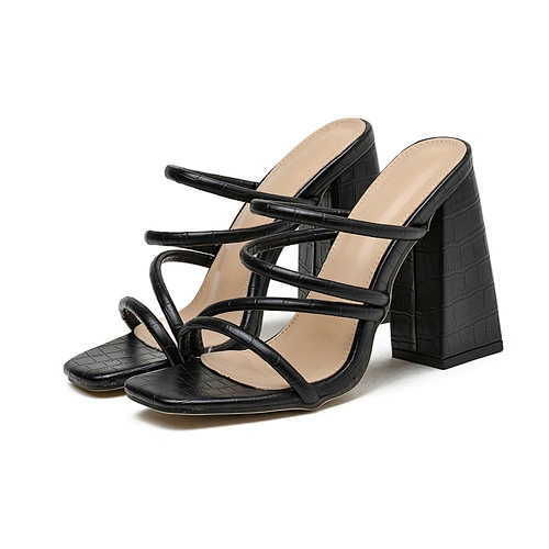 2020 Summer Women Fashion Sandals PU Square Open Toe High Heels Slip On Block Heel Sandals Ladies Slippers Women's Shoes