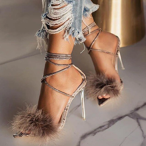 101283DEleventh Shoes Woman 2020 Hot Selling Feather Pointy Toe Heels Sandals Ankle Crossed Tied Stiletto Heel Ladie Shoes