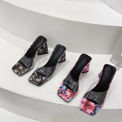 DM618-1 New Products Summer Shoe Women Square Thick Heels PVC Clear Sandals Slides Slippers Fashion Casual Shoes
