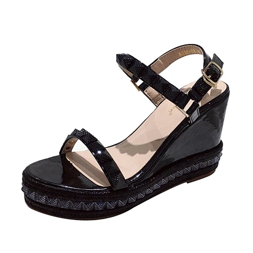ISEEYOUFIRST Shoes Woman Fashion Wedge High Heels Black Gold In Stock 2020 New Design Sexy Shoes Summer Rivet Peep-Toe High Heel
