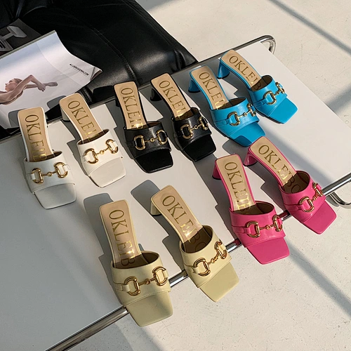Trending Products 2021 New Arrivals Metal Buckle Square Toe High Heels Slippers Women's Sandals Shoes Stock