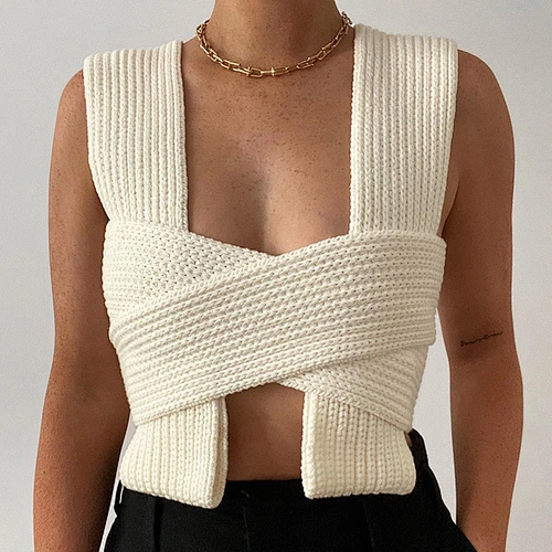 2021 New Ladies Tops Streetwear Sweat Elegant Criss Cross Women Sexy Knit Tops