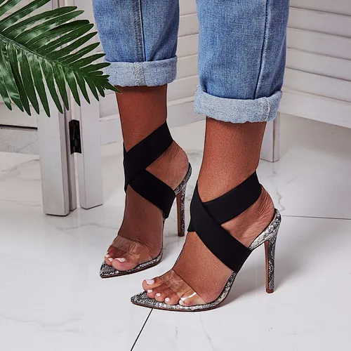 DEleventh Women Shoes Pointy Toe Snakeskin Stiletto High Heels Sandals Transparent PVC Fashion Ladies Dress Shoes Brown  White