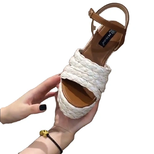 ISEEYOUFIRST Shoes Woman Hot Selling Elegant Hemp Solid Weave Heel Sandal Peep-Toe Wedge Heels Platform Shoes In Stock Wholesale