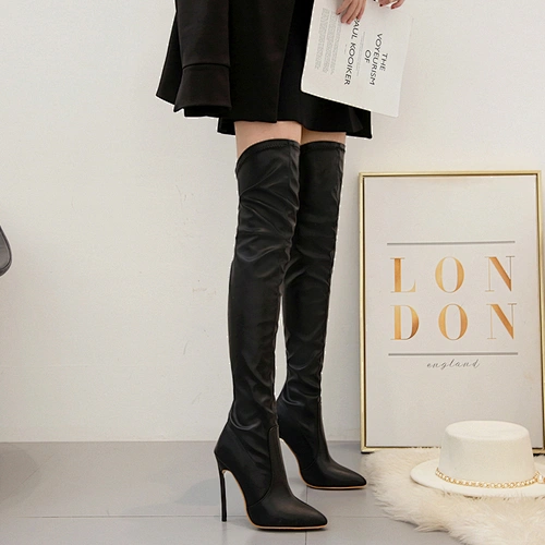 DEleventh Shoes Woman New Arrivals 2020 Over The Knee High Boots PU Leather Pointy Toe Stiletto High Heels Shoes Plus Size Black