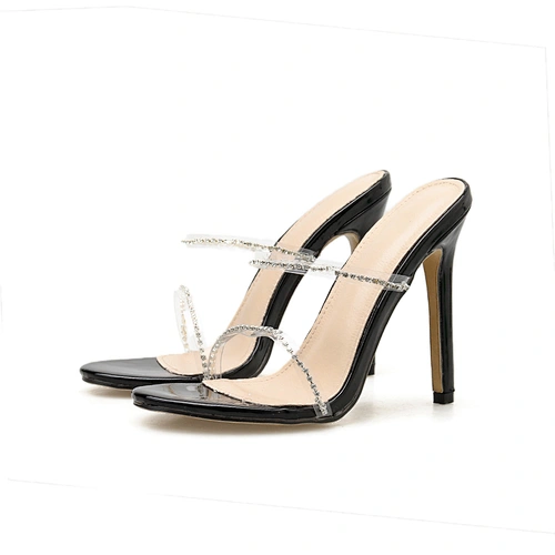 Fashion Shoes Women Clear Rhinestone Sandals Sexy Open Toe High Heels Stilettos Slip-On Women Slippers 2020 Black Apricot