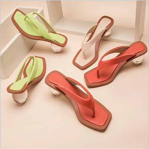 XSD368-2 New Sexy Fashion Ladies Square Flip Flops Heel Block Heel Sandals Slippers In Stock Apricot Green Orange Heel