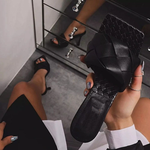 DEleventh Shoes Woman New Style Shoes PU Leather Solid Weave High Heels Slippers Summer Square Open Toe Stiletto Heels In Stock