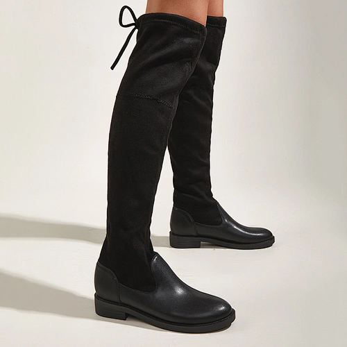 113433 Over-the-knee stretch fabric lady long boots low heel pull on elastic band top round toe women shoes fall winter fashion