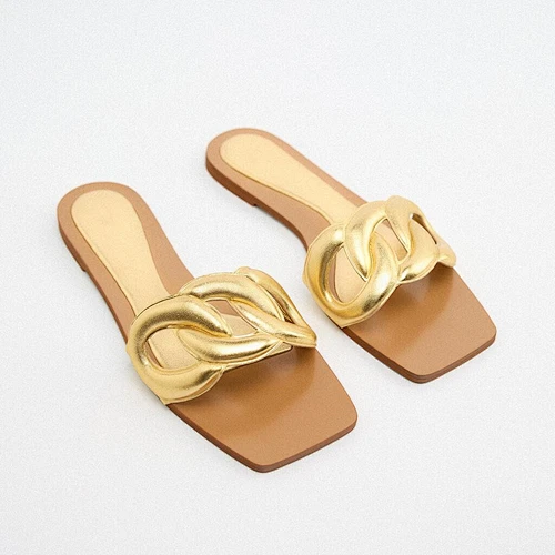 Deleventh shoes Z 2207 casual ladies shoes slide slippers Custom square metal buckle women's Slipper beach Flat Slippers stock
