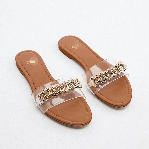 DEleventh Shoes Z-5855 Quality Women Flat Beach Slipper Outdoor Women Shoes Clear natural color metal chain flat slippers stock