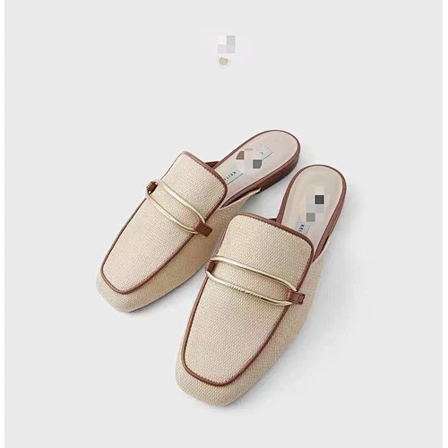 DEleventh Shoes A6055 unique Square toe flat sandals  slip on mules shoes women block low heel black beige women slippers