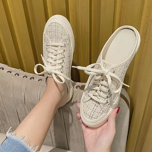 DEleventh Shoes Z-026 Breathable lazy heeled loafers light canvas shoes stock casual sneakers fashion flat Muller shoes beige