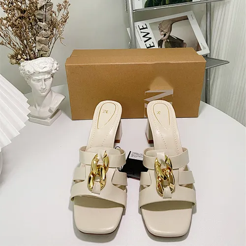 DEleventh Shoes Z 666-114 high quality ladies sandals slipper high heel slippers beige metal chain heeled slippers for ladies