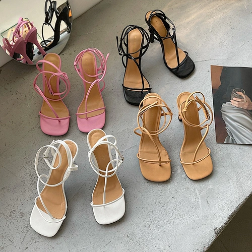 101986 European and American solid color women's high-heeled sandals fashion casual round-head French temperament thin band