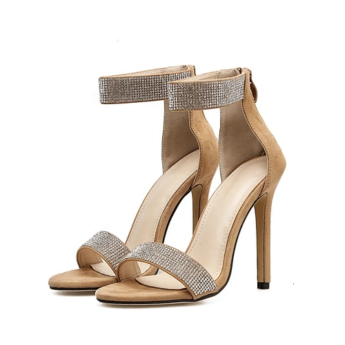 Deleventh shoes 101977  Wholesale Ladies Dress Shoes Zipper heeled Sandals High Heels Party Shoes Black Apricot Rhinestone heels