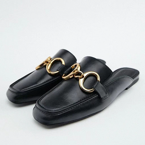 DEleventh Shoes Z 5550 Big metal buckle square toe flat sandals mules shoes classic red black soft soles footwear women slippers