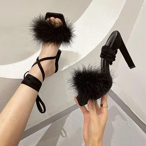363-6 DEleventh shoes Ladies Summer sandals customized logo wholesale fur lace-up party wedding High Heeled ladies heel shoes