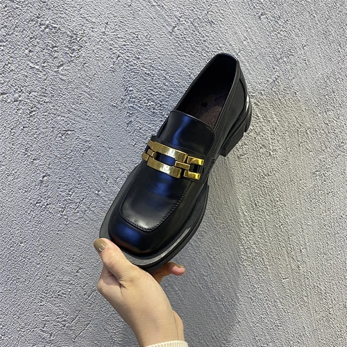 114103 Deleventh women shoes 2022 lady chunky thick heel British style metal buckle square head designer heels  lady  flat shoes