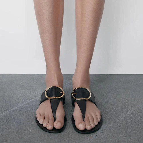 DEleventh Shoes Z 1004-60 Leisure Ladies Shoes Quality Women Flat Slippers Metal Buckle Women Slippers Black Flat Slippers Stock