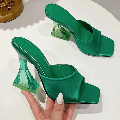 DEleventh Shoes TZ1032 Hot Fashion Clear Shoes Crystal Heeled Sandals Slippers For Women Satin Candy' Color Slipper Stock Shoes