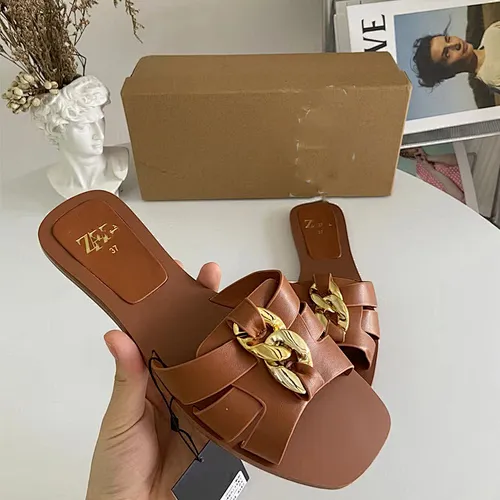 DEleventh Shoes Z 666-103 Classic flat slippers for women high quality beach slipper brown stock outside flat slippers for women
