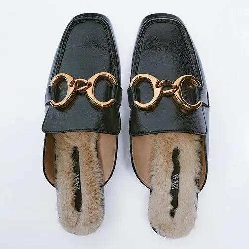 DEleventh Shoes Z 5553 Classic metal buckle soft furry flat slippers slip on mules shoes black warm fur women winter slippers