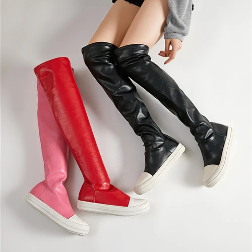 DEleventh Shoes 670-125 Fashion Ladies Boots Large Size 44  Black Women boots  knee high thick soled elastic Over the knee boots