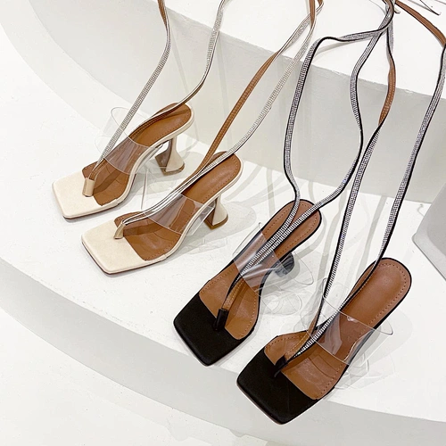 Roman lace up Rhinestone high heels women's 2021 new transparent slippers women's head thick heel middle heel clip toe sandals
