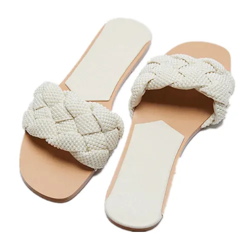 DEleventh Shoes Z 2106 Elegant Ladies Shoes Quality Women Flat Slippers Pearl Women Slippers Beige Stock Ladies Slippers