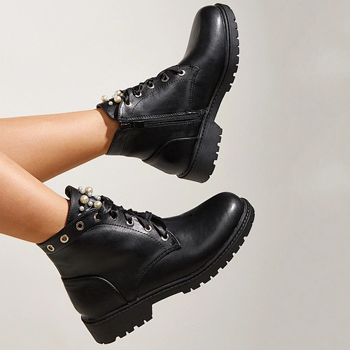 113431 Fall winter new collection thick heel round toe lady ankle bootie lace up front women shoes faux pearl decor Martin boots