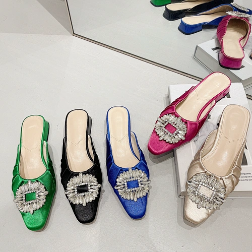 DEleventh Shoes A17-2 Comfortable women heels custom low heels square toe slip on mules shoes stock square rhinestone block heel