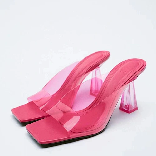 DEleventh Shoes 1056 Quality designer heels popular rose ladies slippers women heels pvc crystal clear heeled slippers stock