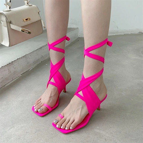 112690 DEleventh shoes women heels chaussures femme 2022 ladies footwear shoes clip toe lace up sandals medium heels colorful