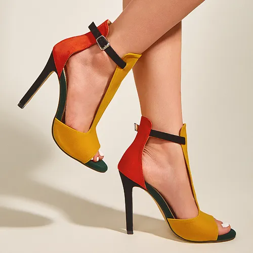 Two tone cutout stiletto high heel ankle buckle women shoes fish mouth lady pumps faux suede patchwork female footwear