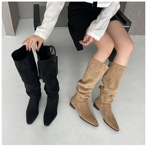 DEleventh Shoes M3-2 Woman Suede Leather Ankle Boots Winter Boots Thick Sole Block Heel Beige Black Flat Thigh High Boots Stock