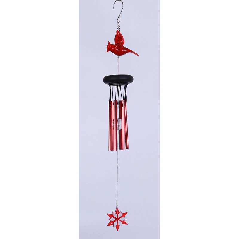 Red Bird Wind Chime With Solar Light For Garden Decoration