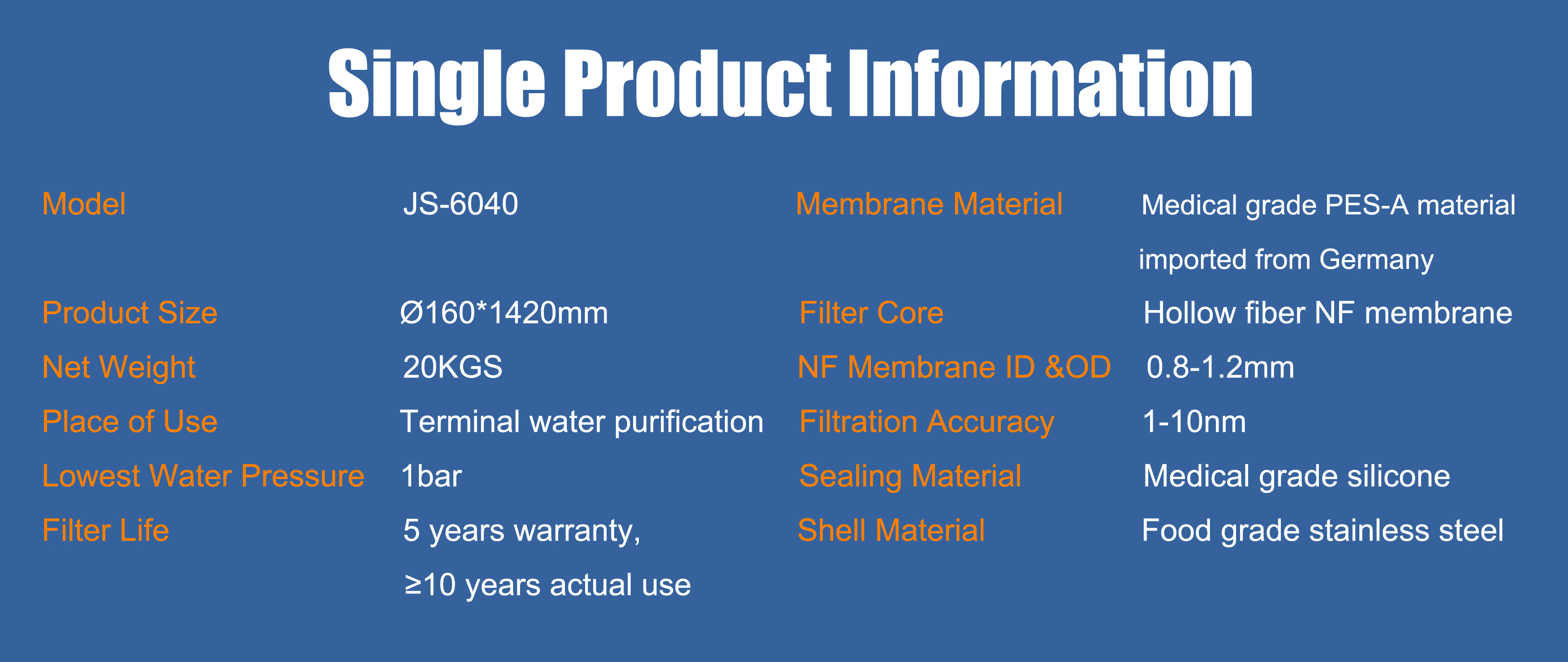 hollow nf membrane, water purifier, non ro non uf membrane, js6040cs complete system