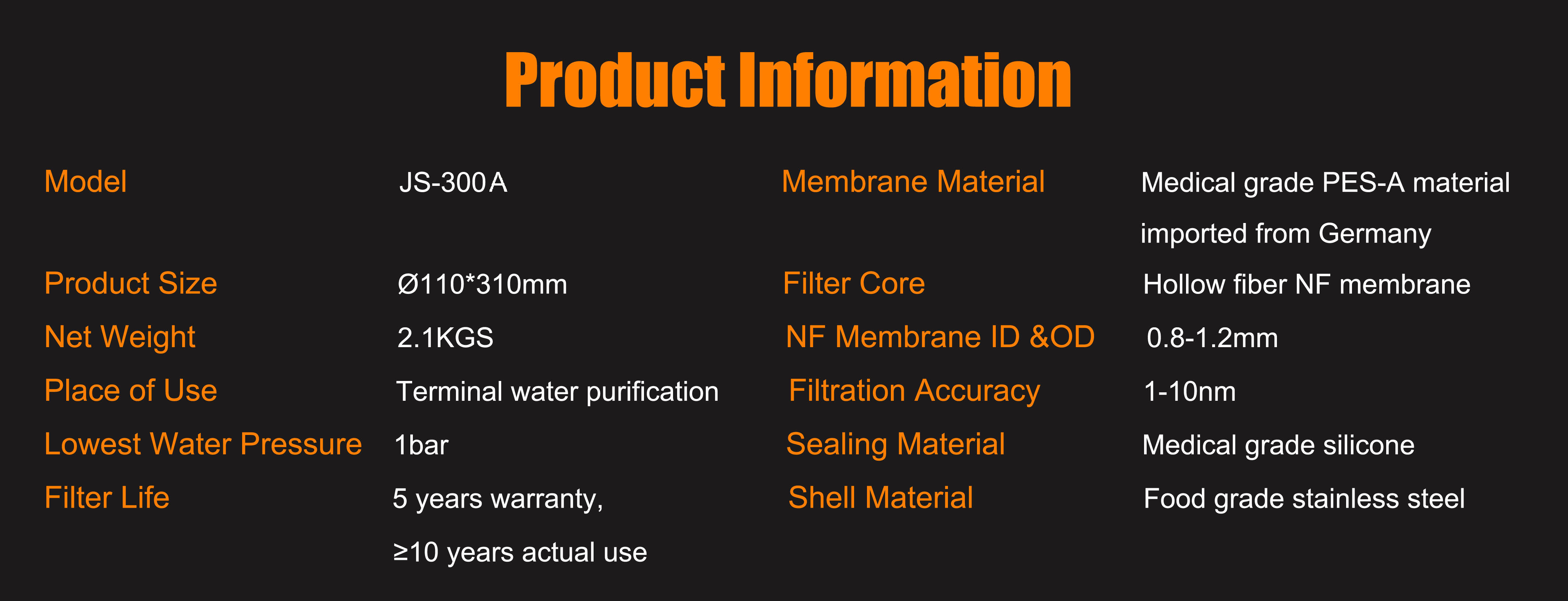 hollow nf membrane, water purifier, js300a household, non uf non ro membrane