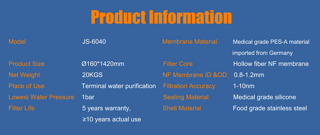 hollow nf membrane, water purifier, JS8040 whole house water purifier, non uf non ro