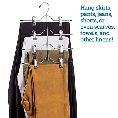(Set of 3) Space Saving 4 Tier Trouser Skirt Hanger, Sturdy Chrome Non Slip Black Vinyl Clips, Multi Pants Hanger