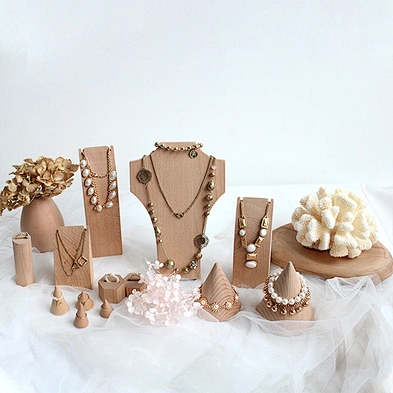 Vintage decoration wooden beech necklace bust jewelry display stand set