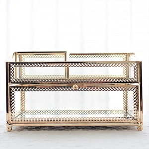 Princess European Jewelry Box Luxury Jewelry Organizer 2 Layer Drawer Metal Glass Jewelry Storage Box