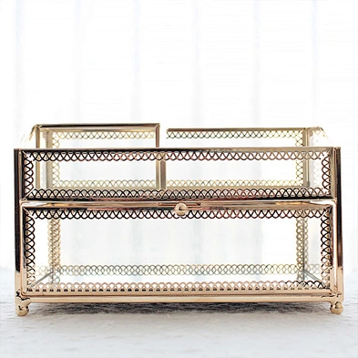 Princess European Jewelry Box Luxury Jewelry Organizer 2 Layer Drawer Metal Glass Jewelry Storage Box