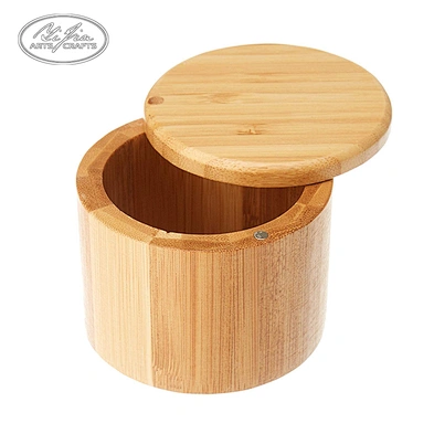 Eco Friendly Wooden Round Bamboo Salt Box With Lid